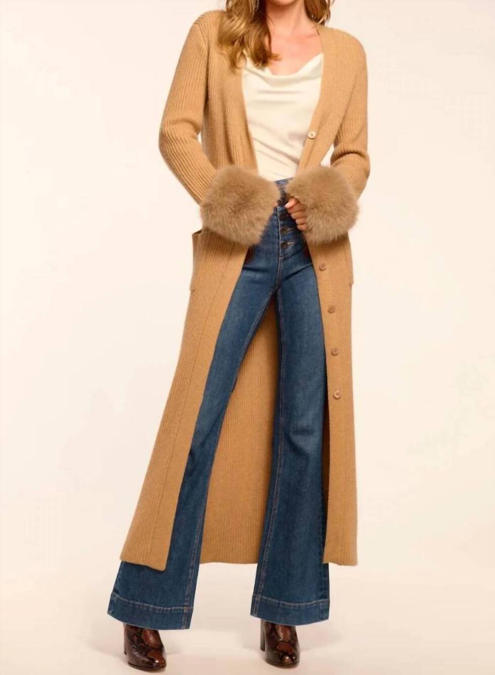 NEW RAMY BROOK louise wool blend faux fur trim duster sweater in camel
